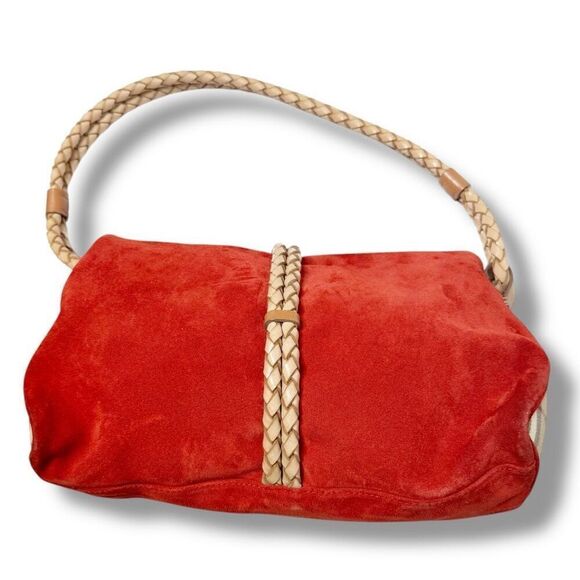 BURBERRY Suede Haymarket Check Horn Toggle Braided Leather Shoulder Bag Red - Picture 6 of 14